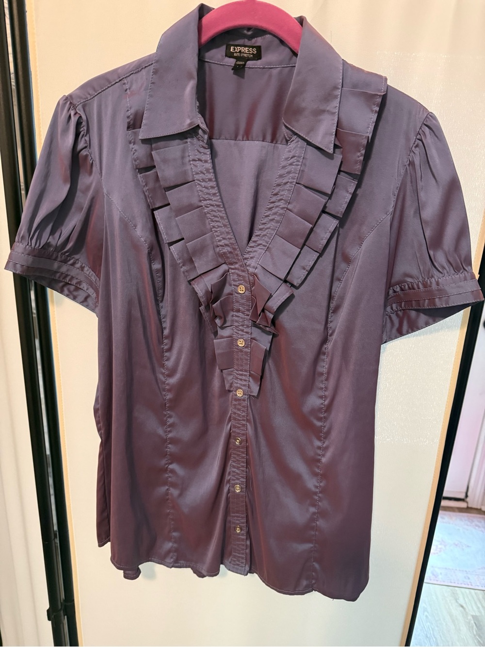 Express Plum Satin Short-Sleeve Ruffle V-Neck Button Down Blouse